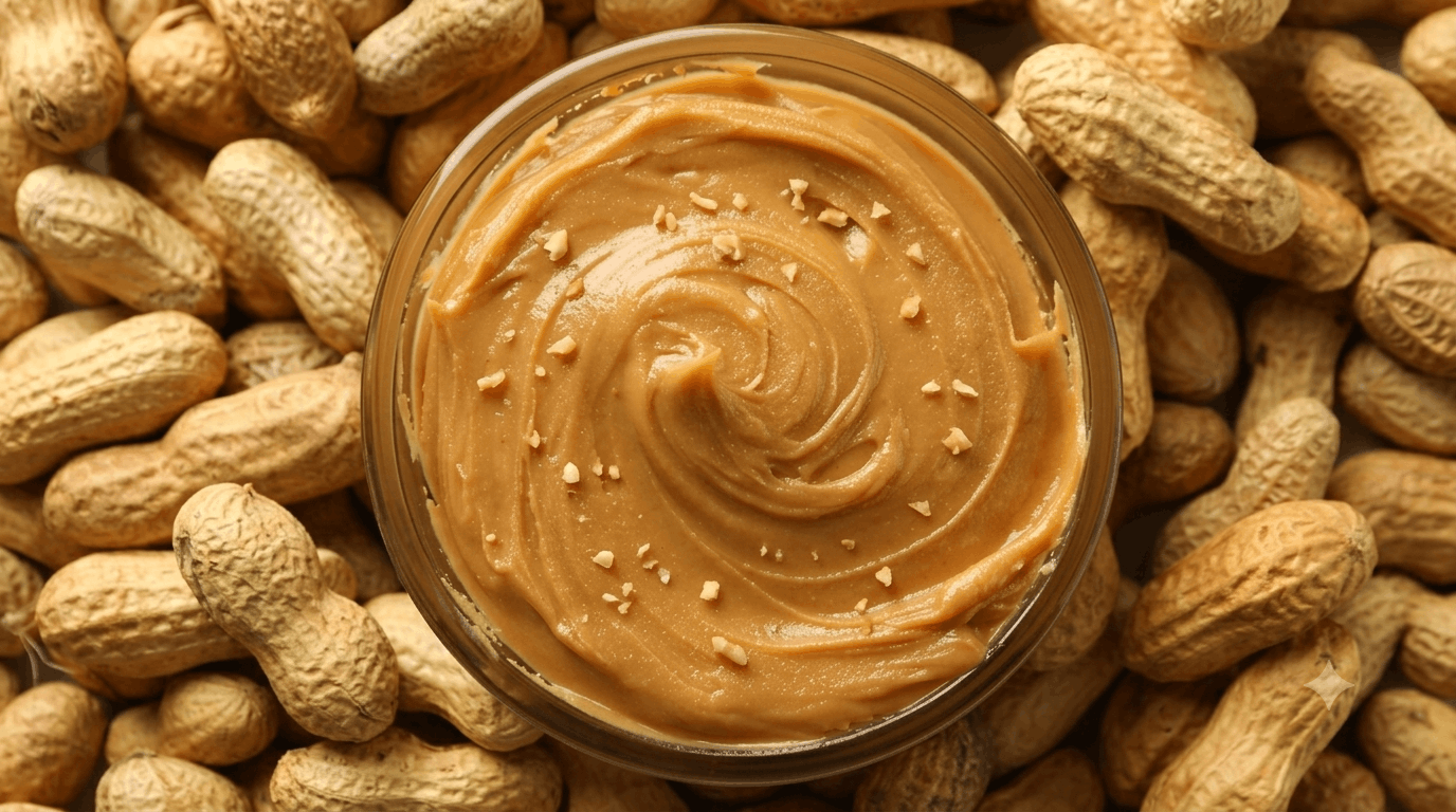 creamy peanut butter in a glass bowl surrounded by whole peanuts with smooth texture and sprinkled peanut pieces on top