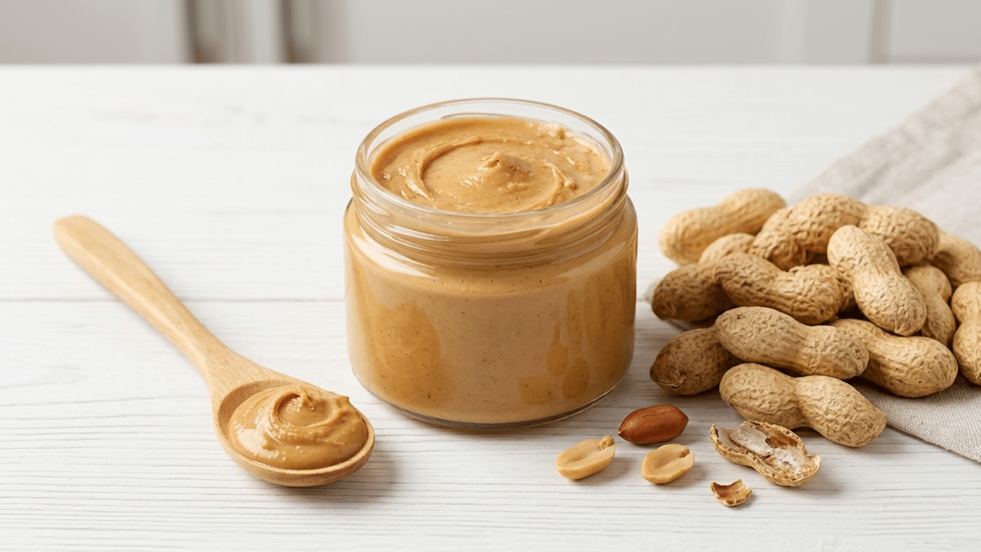 creamy peanut butter in a glass jar beside peanuts whole grain toast and fresh fruit on a kitchen table (1)