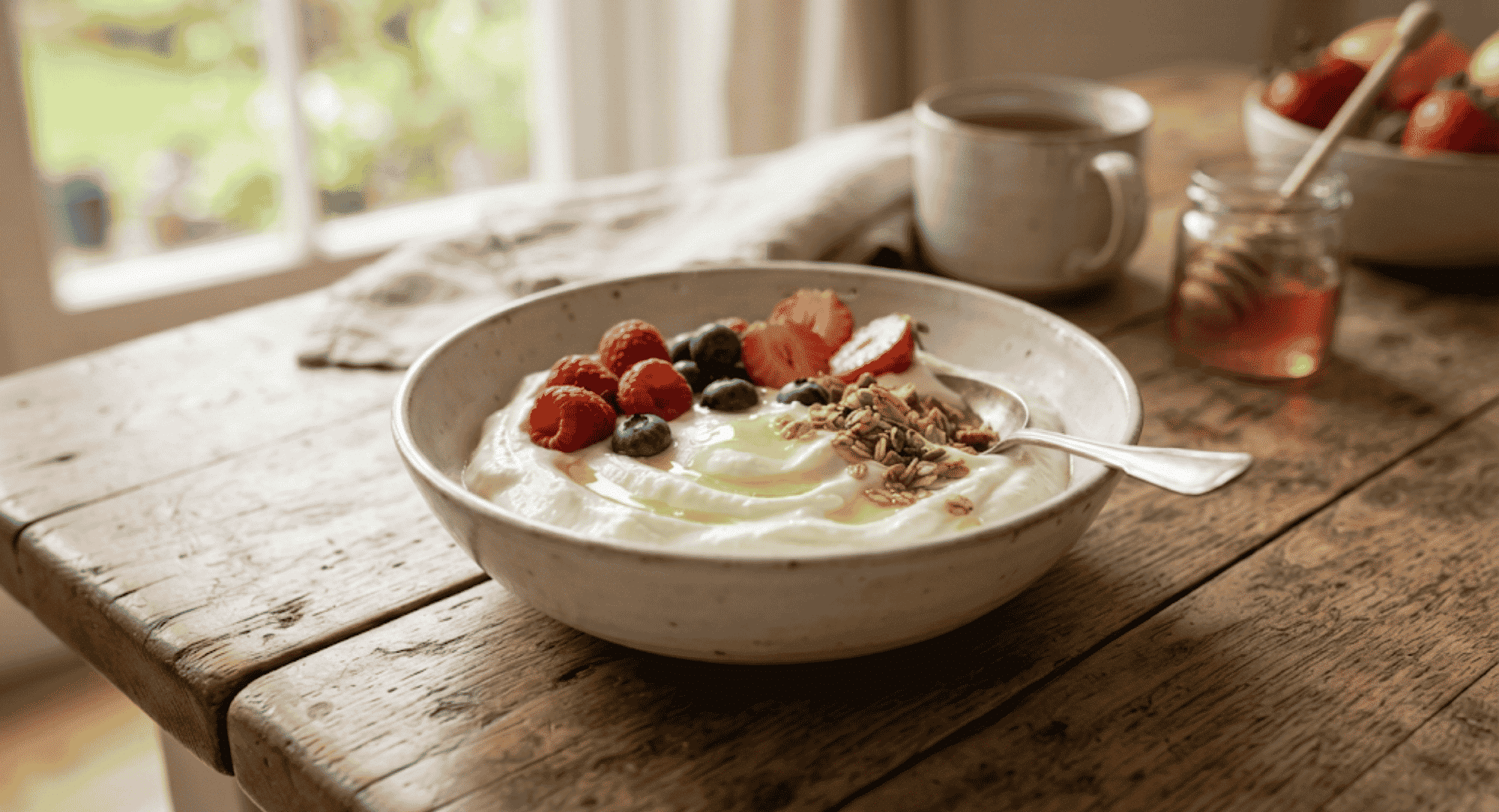 creamy yogurt bowl topped with fresh berries granola and honey on a rustic wooden table.png