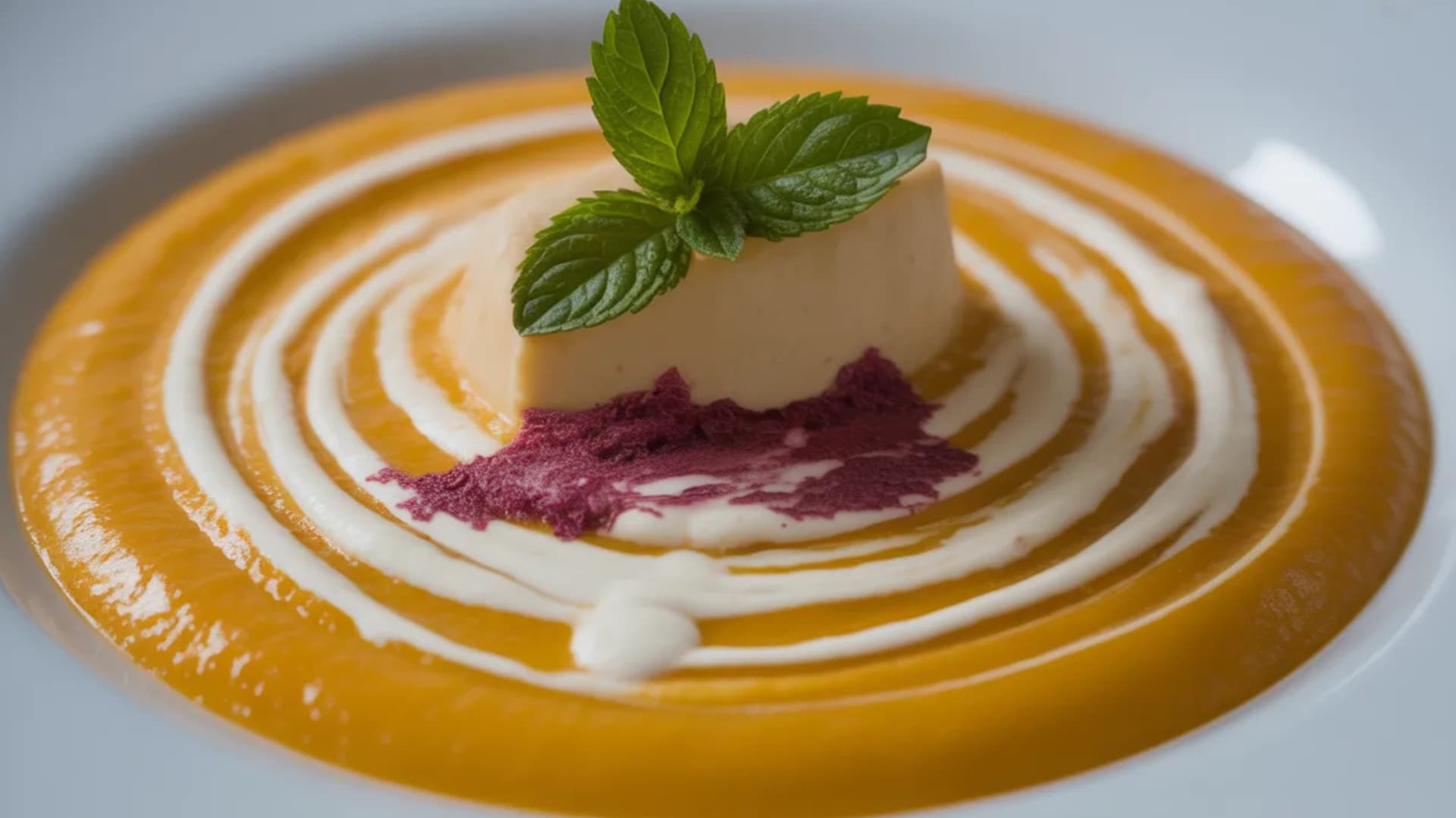 creamy zuppa inglese dessert with layers of custard orange sauce and berry garnish topped with fresh mint