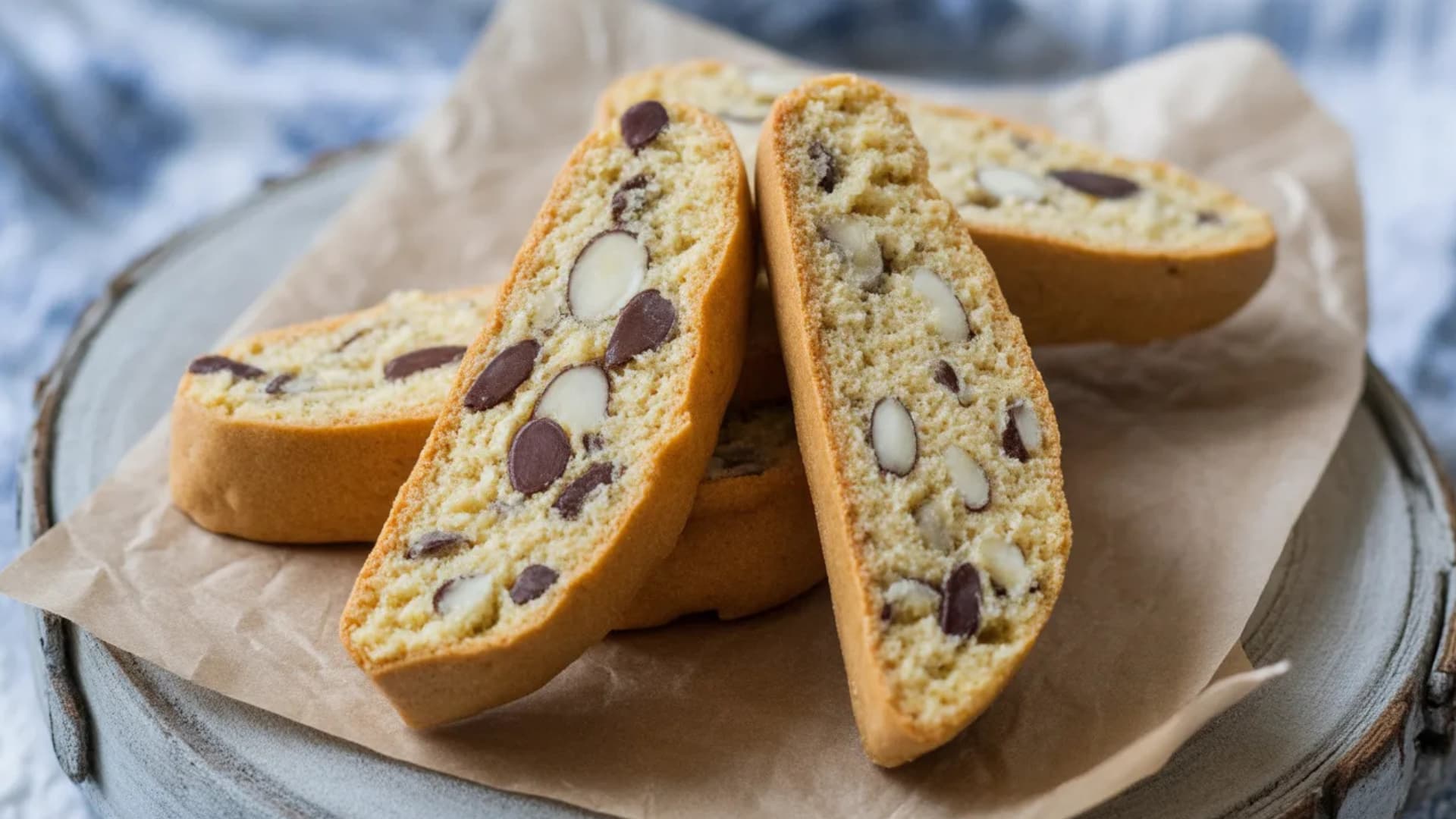 crisp italian biscotti cookies sliced with almonds and chocolate pieces on rustic plate and parchment paper