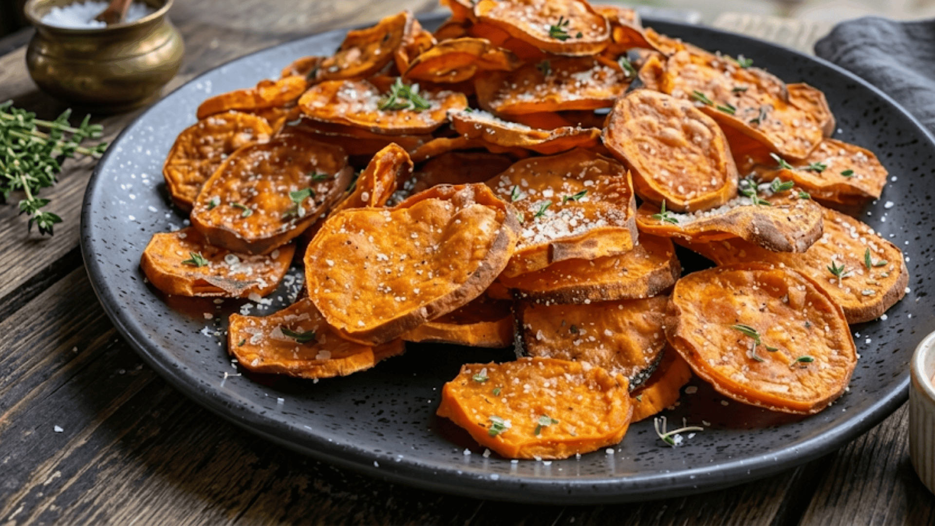 crispy baked sweet potato chips seasoned with herbs and salt on a large plate served as a flavorful healthy homemade snack (1) (1)