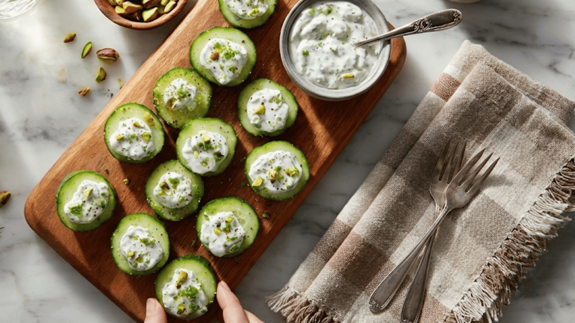 cucumber slices topped with creamy yogurt and chopped pistachios on a wooden board served as a fresh healthy snack