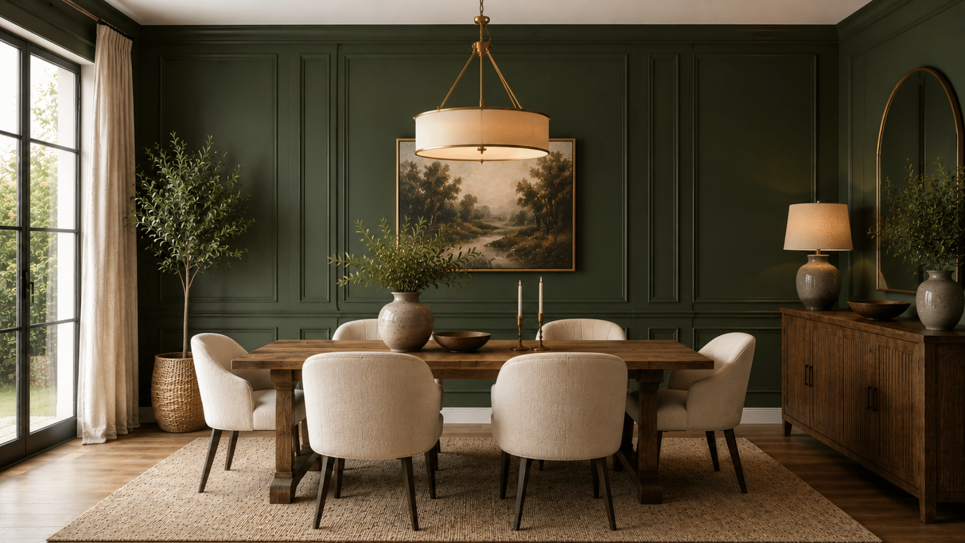 deep green dining room accent wall with natural wood table cream chairs brass lighting and warm decor