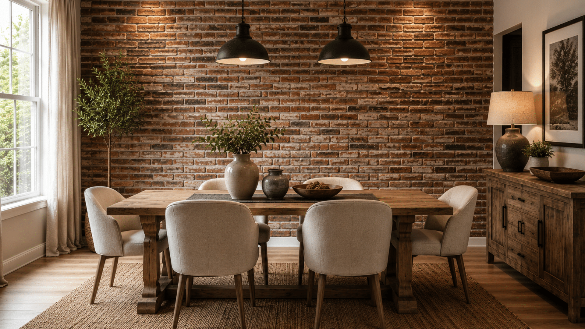 dining room with a red brick veneer accent wall farmhouse wood table neutral upholstered chairs and warm industrial pendant lighting