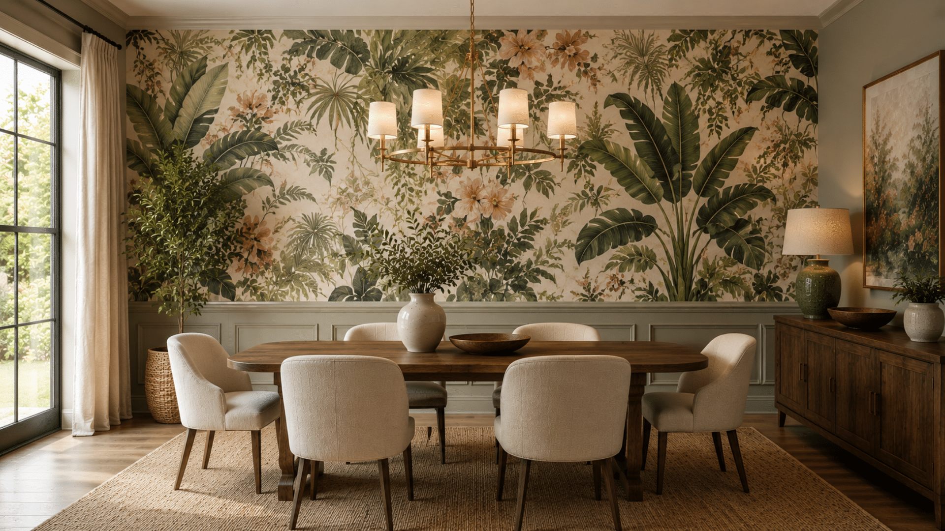 dining room with botanical wallpaper featuring tropical leaves and flowers wooden table neutral chairs and warm natural light