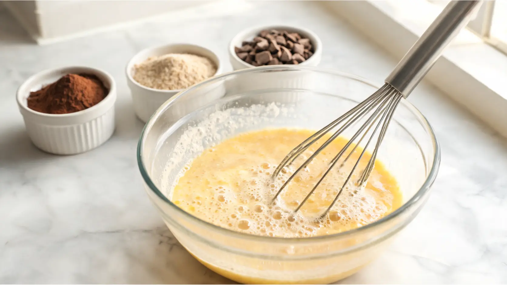 eggs and coconut sugar whisked in a glass bowl for paleo brownies with cocoa and chocolate nearby