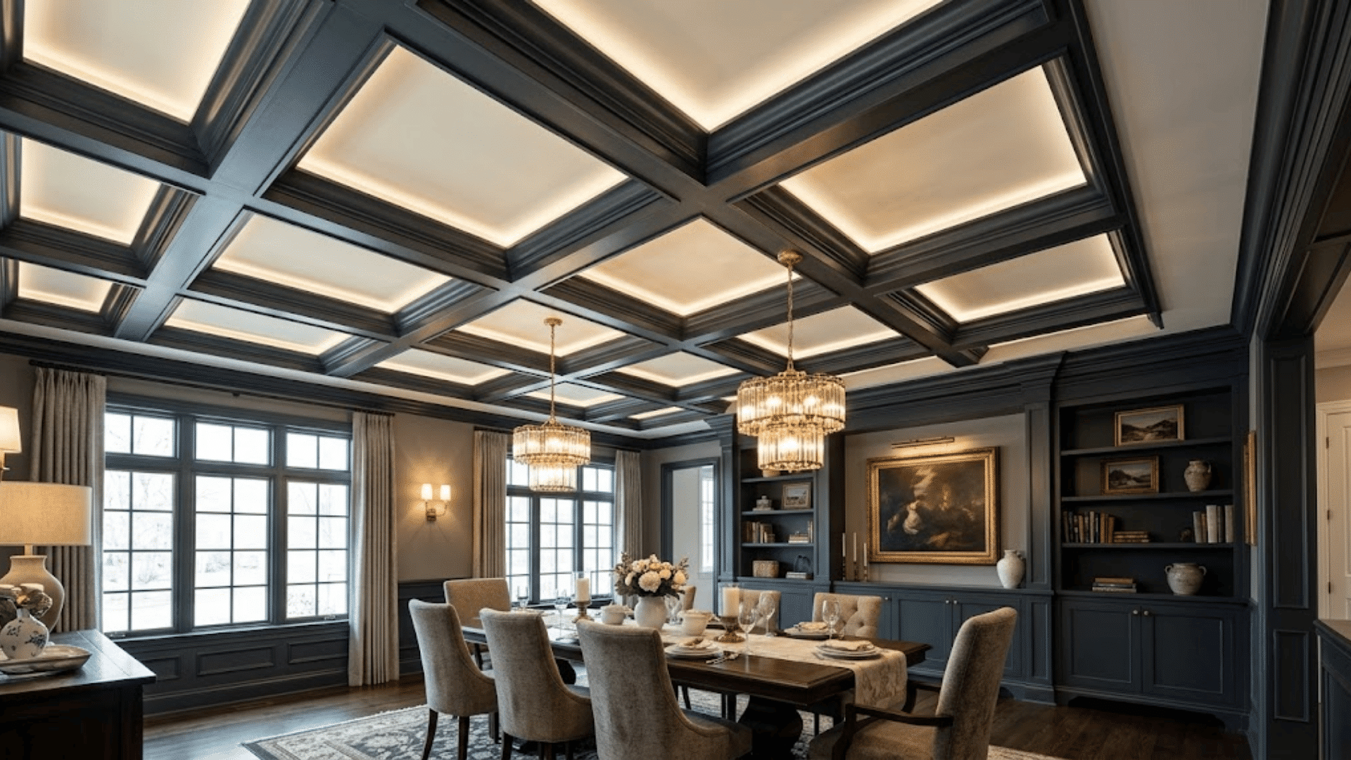 elegant dining room with coffered ceiling crystal chandeliers dark built in cabinets and large windows with natural light