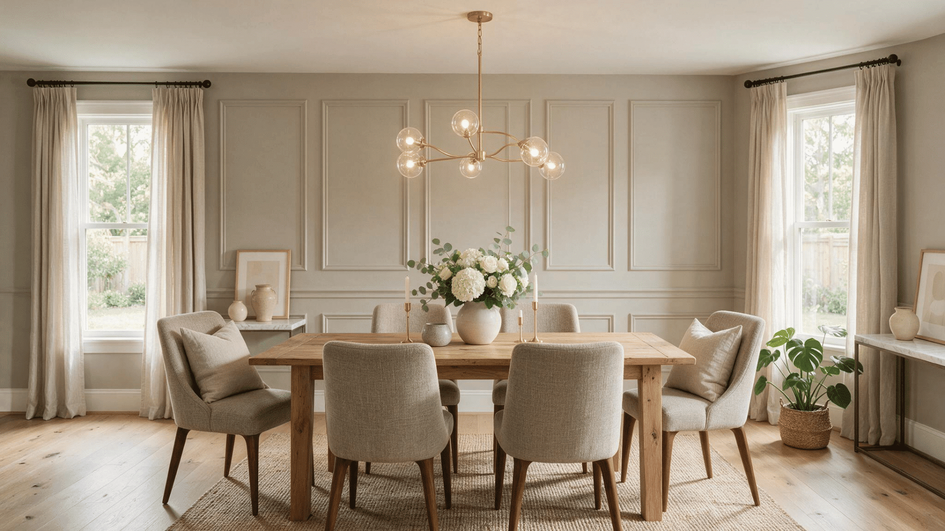 elegant dining room with decorative wall molding, a wooden table, upholstered chairs, and a modern brass chandelier.