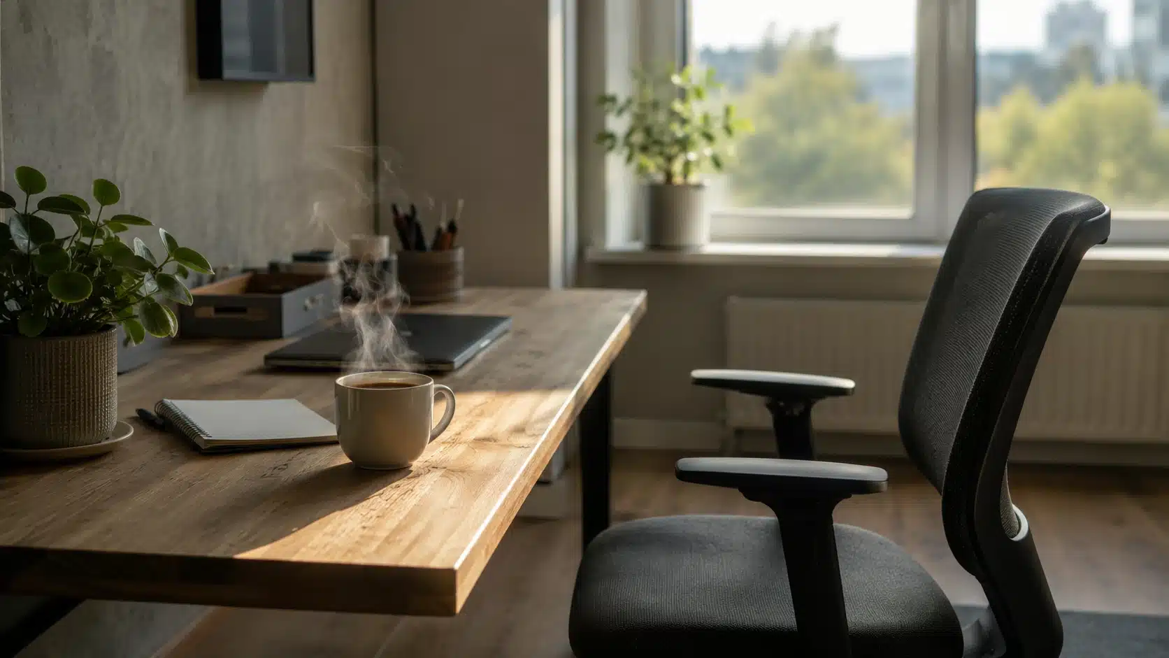 empty office desk with closed laptop and soft steam showing a mindful breathing break during work