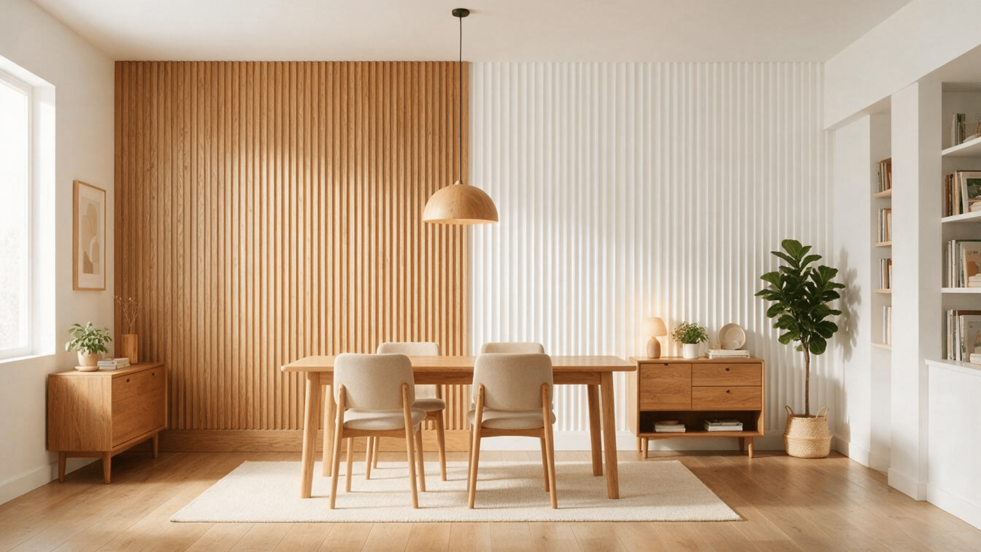 fluted wall panels behind a dining table with natural wood finish modern furniture and warm lighting