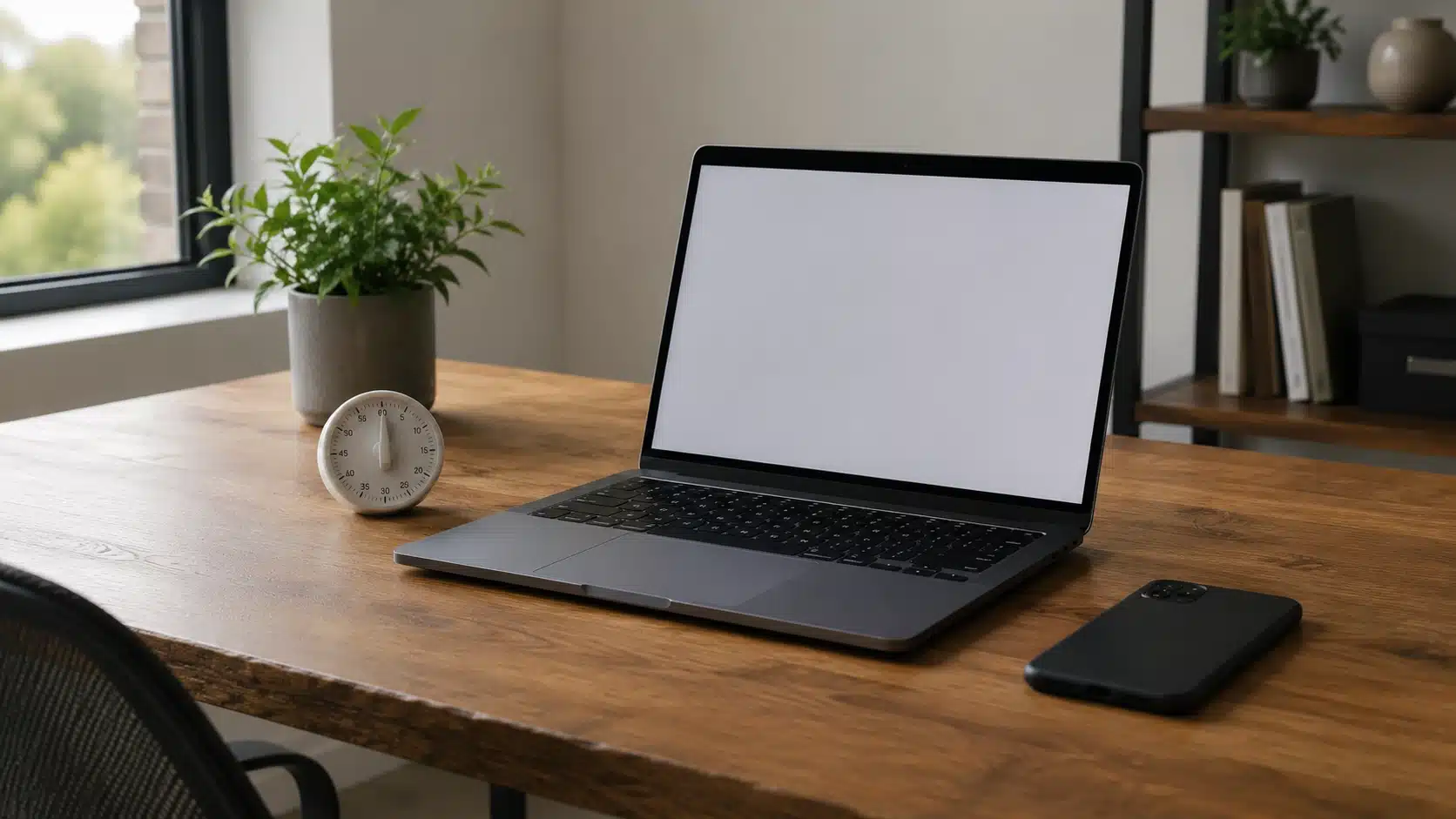 focused worker using one laptop screen with phone face down and timer for a single-task focus block