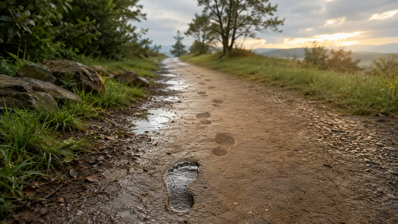 footprints after rain showing how to work on yourself by returning after one bad day