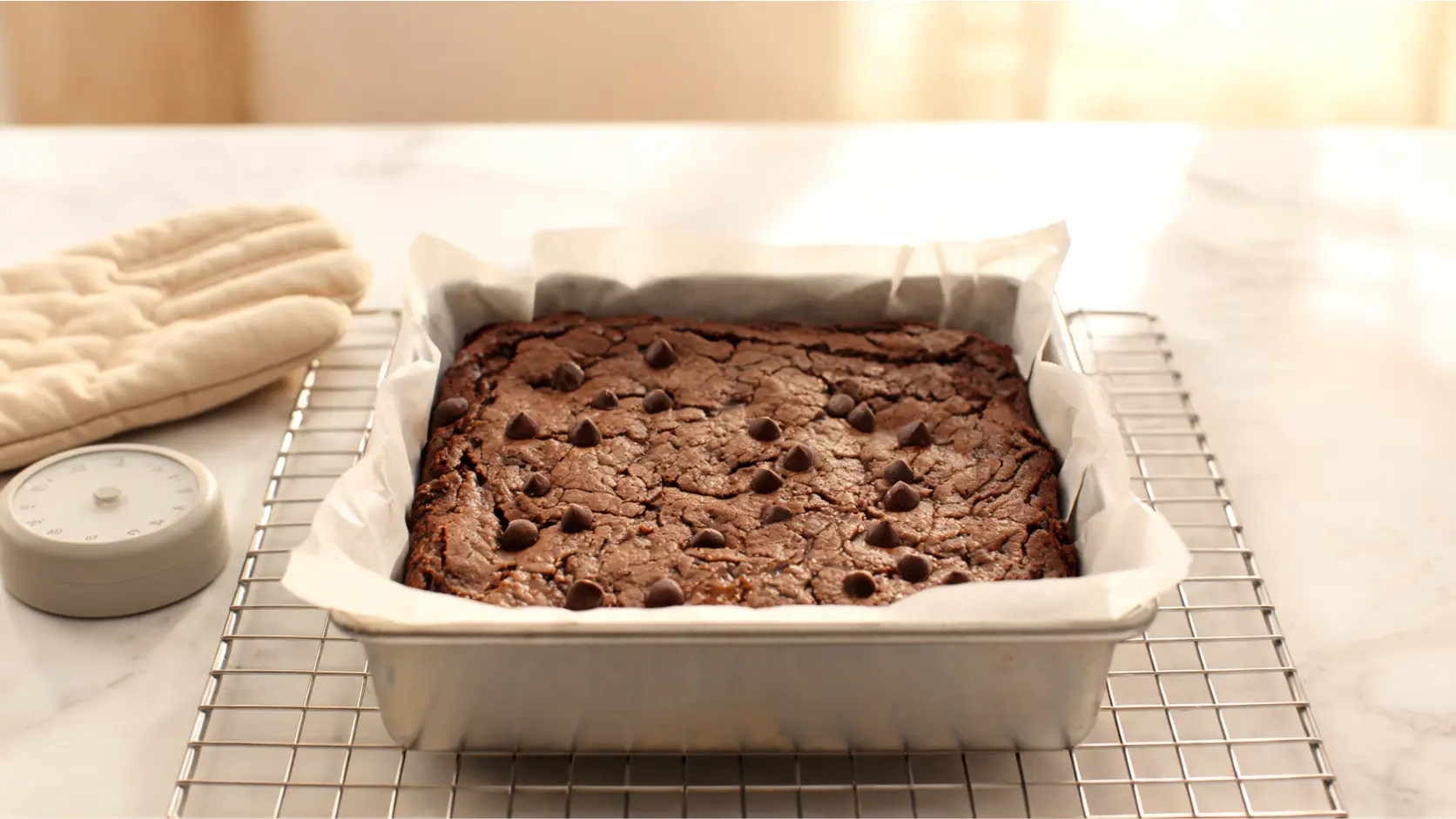 fresh baked paleo brownies cooling in a square pan with cracked tops and soft fudgy centers