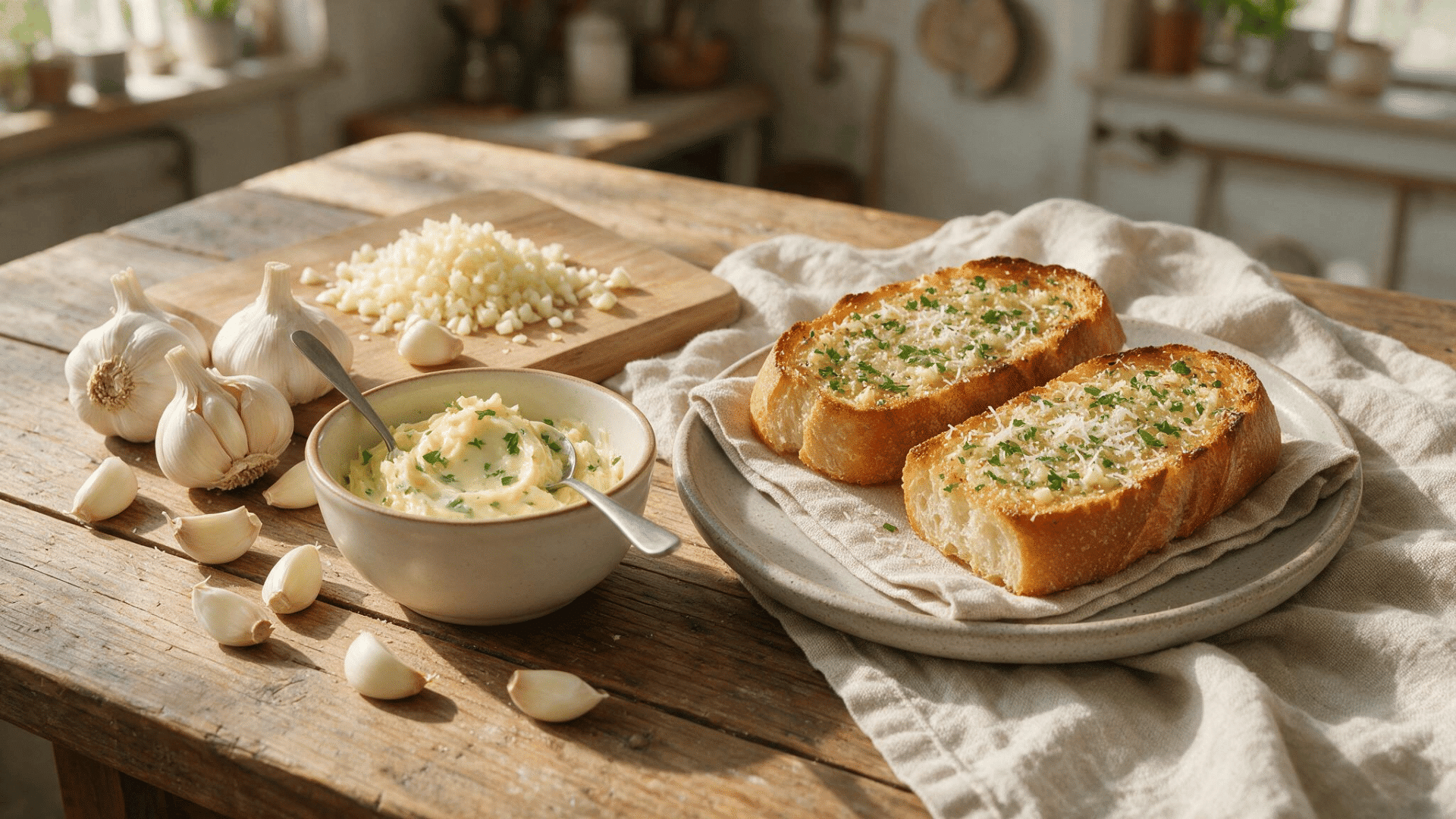 fresh garlic cloves garlic bread and chopped garlic used in common cooking recipes