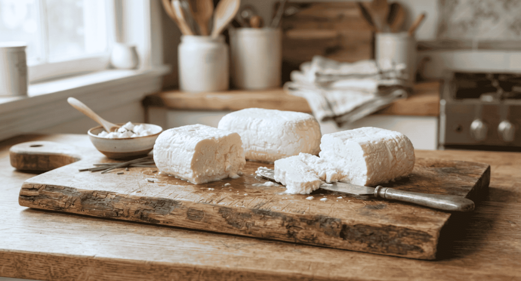 fresh ricotta cheese pieces on a rustic wooden board with knife and herbs in a cozy kitchen setting.png