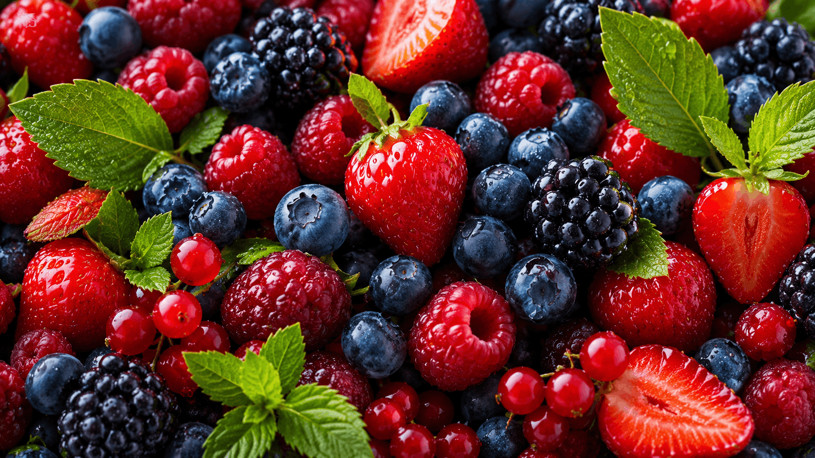 fresh strawberries blueberries raspberries blackberries and red currants with green mint leaves arranged in a colorful mixed berry display