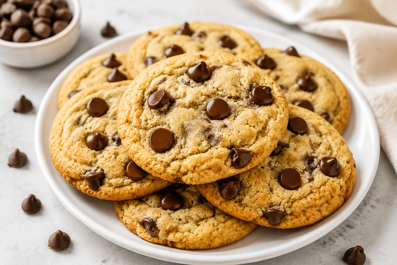 freshly baked chocolate chip cookies with melted chocolate chips arranged on a white plate with a soft kitchen background (1)
