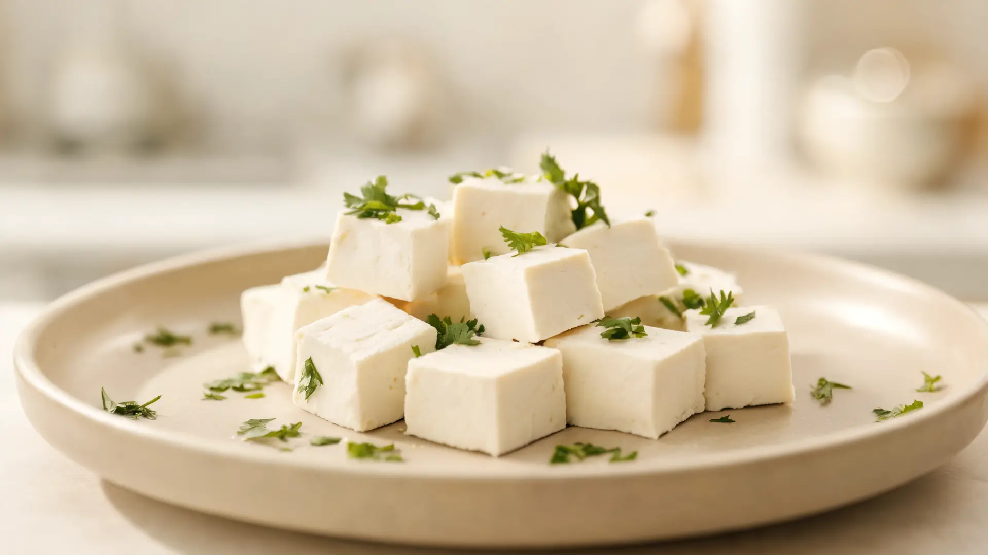 fresh paneer cubes arranged on a ceramic plate with light herbs and soft kitchen lighting