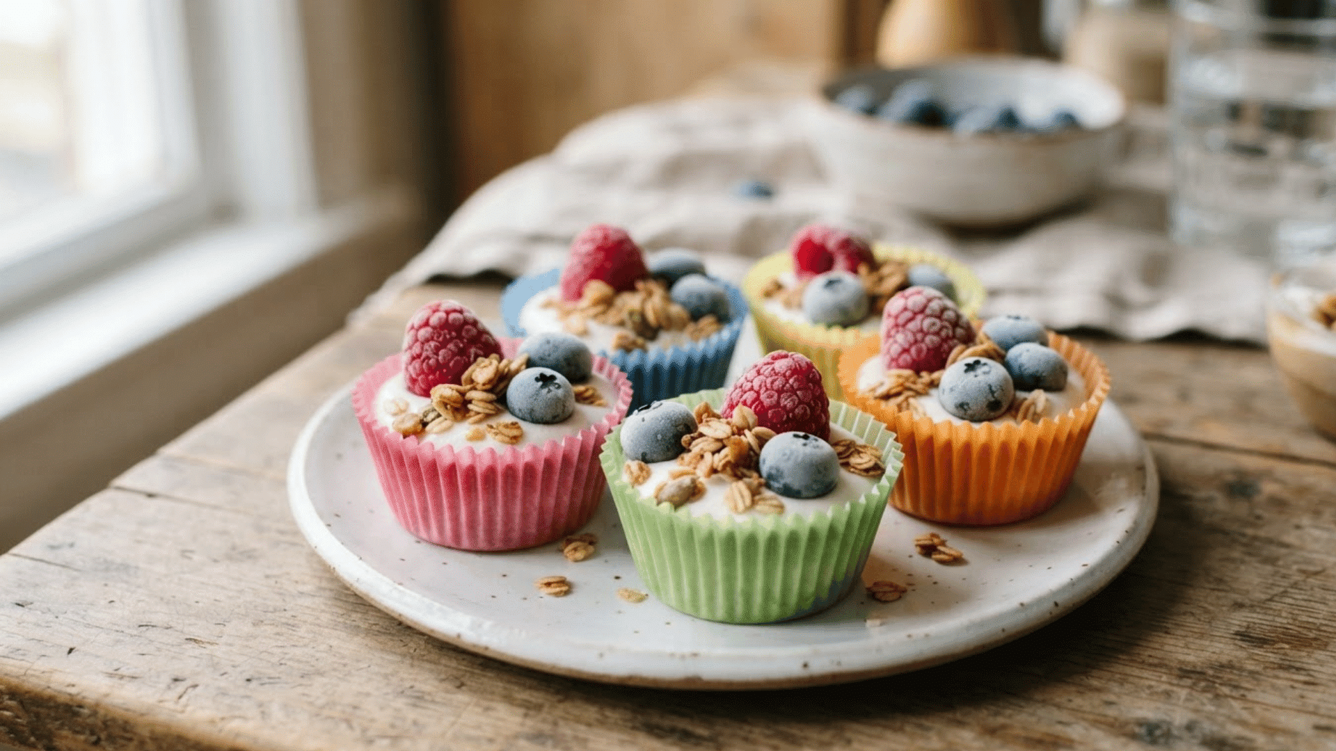 frozen yogurt bites topped with raspberries blueberries and granola served on a plate on a wooden table