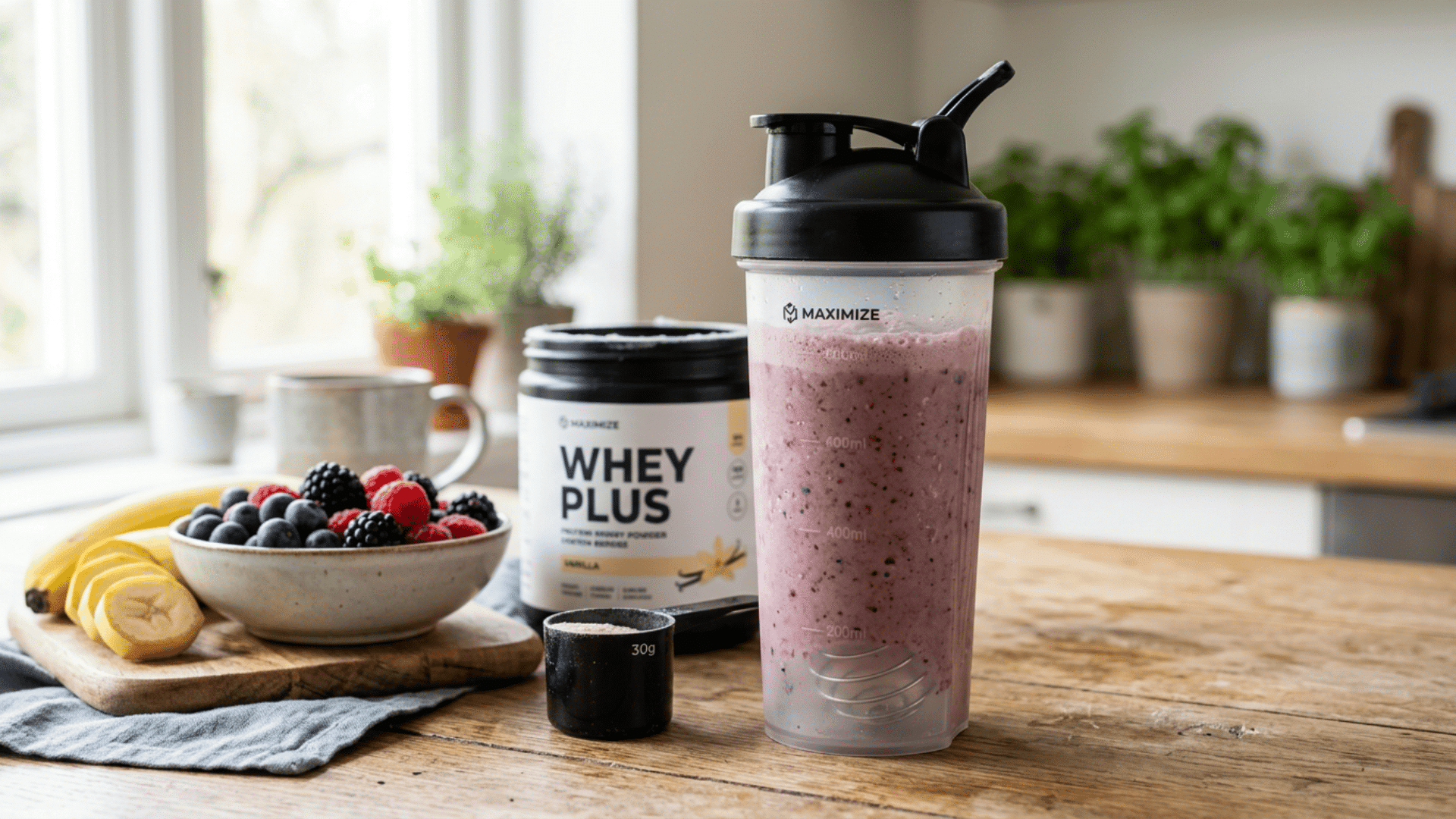 fruit and whey protein shake prepared for muscle recovery after strength training