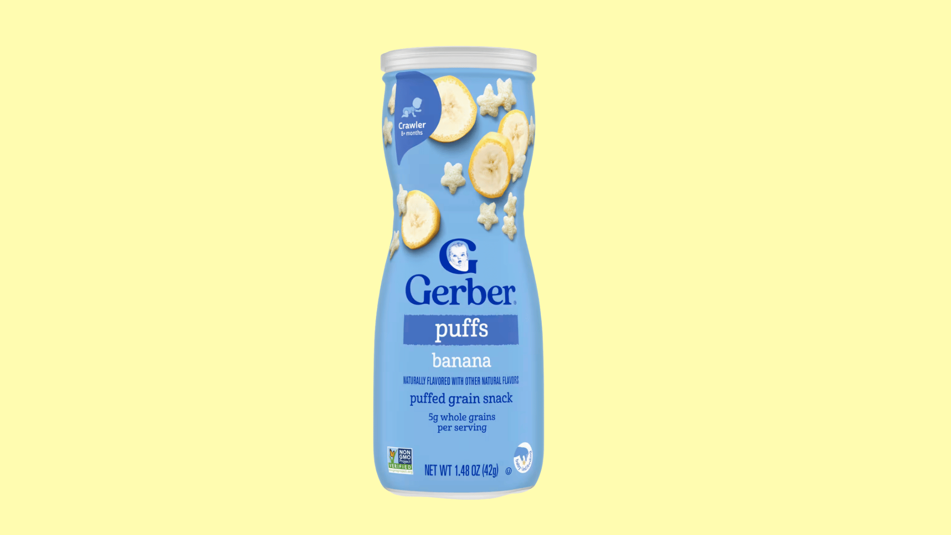 gerber banana puffs puffed grain snack container for crawlers displayed on a plain white background