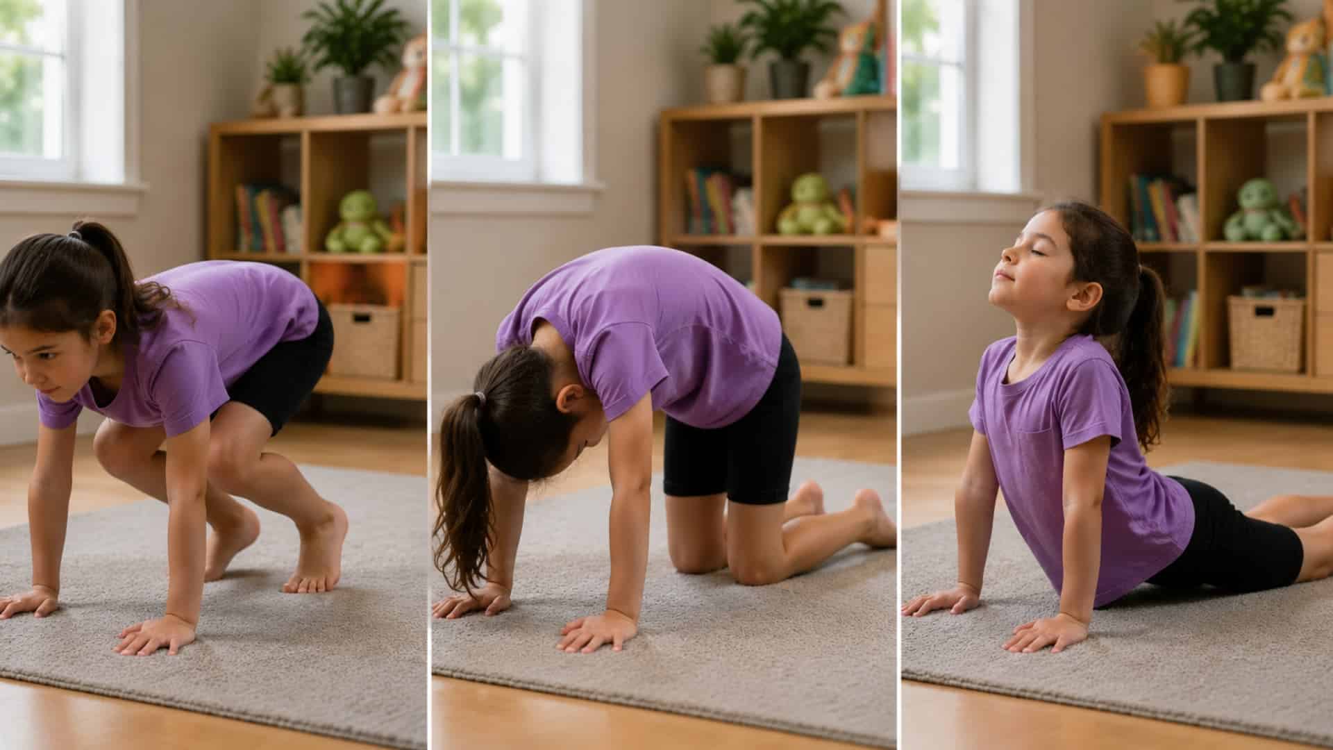 girl doing yoga stretching sequence showing calm mindfulness poses indoors on soft carpet three panel collage