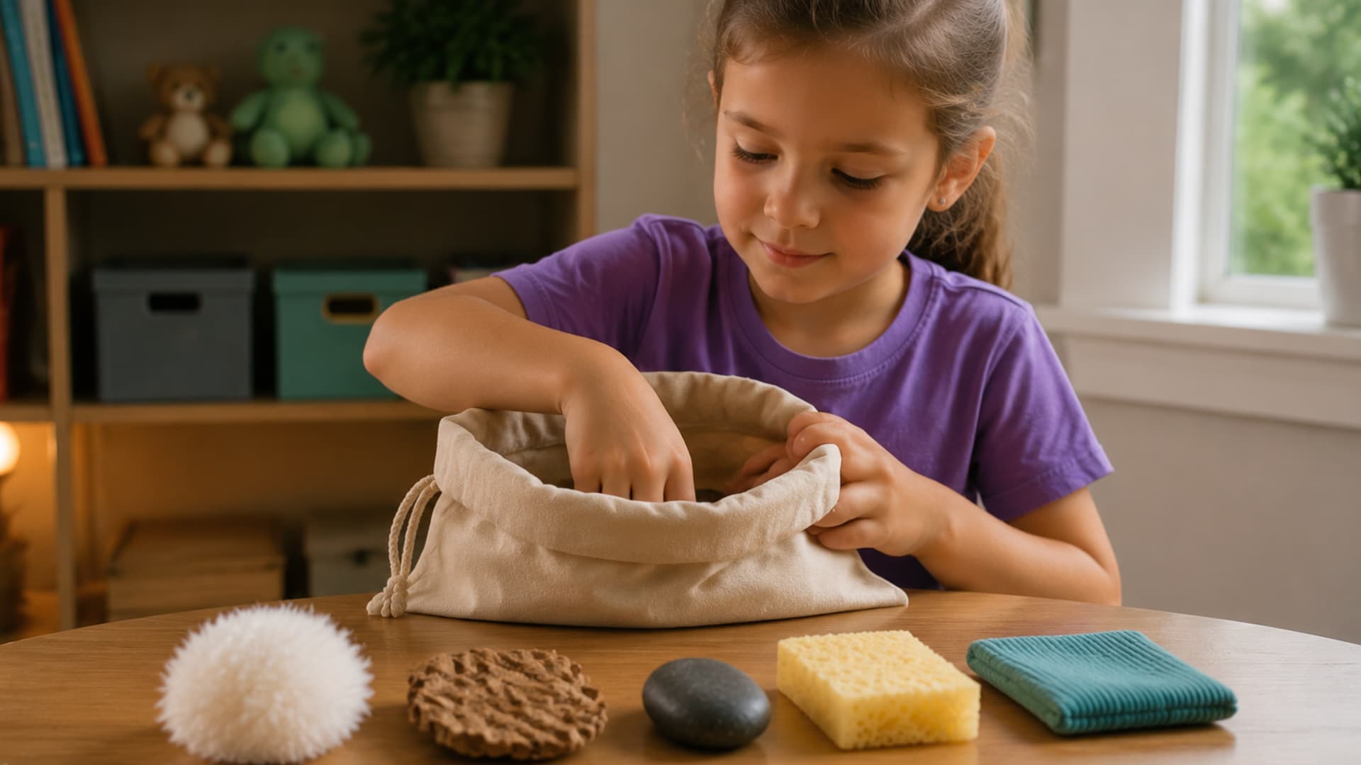 girl exploring sensory bag with different textured objects to build tactile awareness focus and calm