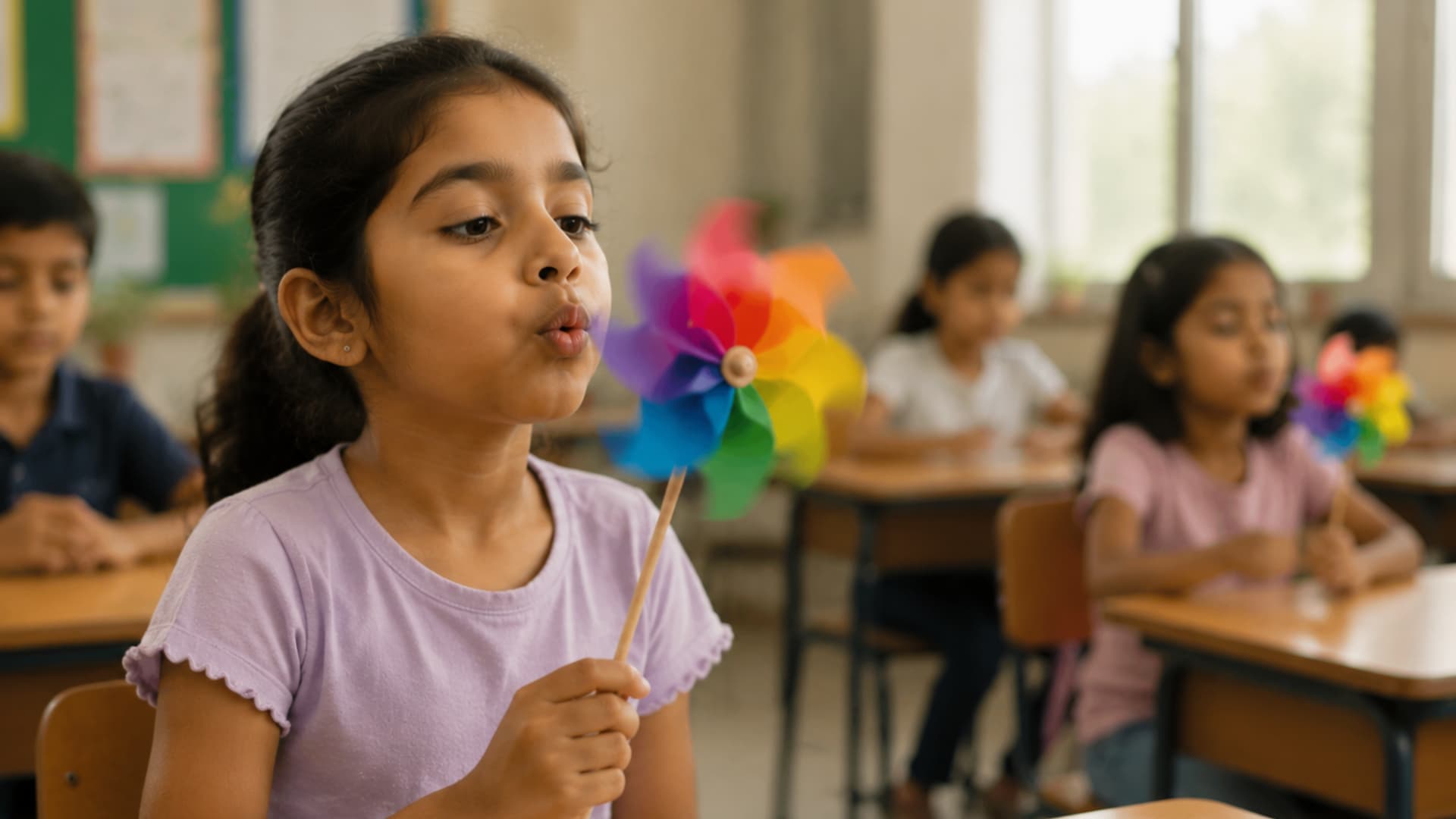 girl in classroom blowing a colorful pinwheel during focus breathing exercise with calm expression
