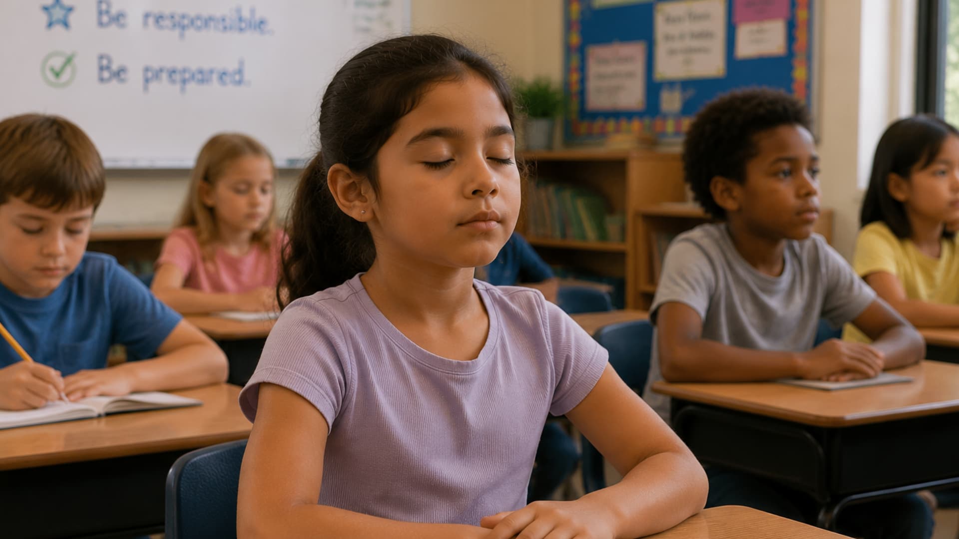 girl in classroom sitting calmly with eyes closed practicing mindfulness breathing exercise