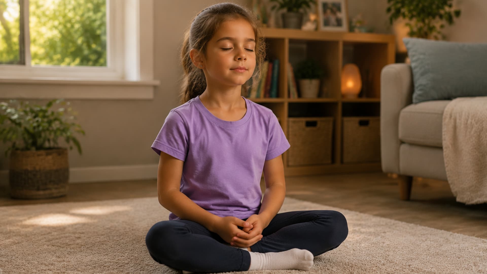 girl sitting cross legged on carpet with eyes closed practicing mindfulness listening to surrounding sounds