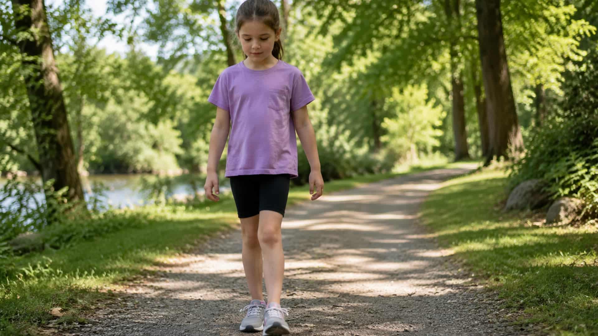 girl walking calmly on a shaded forest path surrounded by green trees in a peaceful park setting
