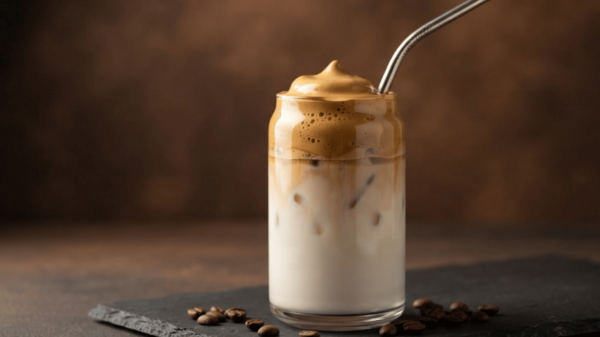 glass of iced coffee with creamy foam and a metal straw on a dark table with scattered coffee beans