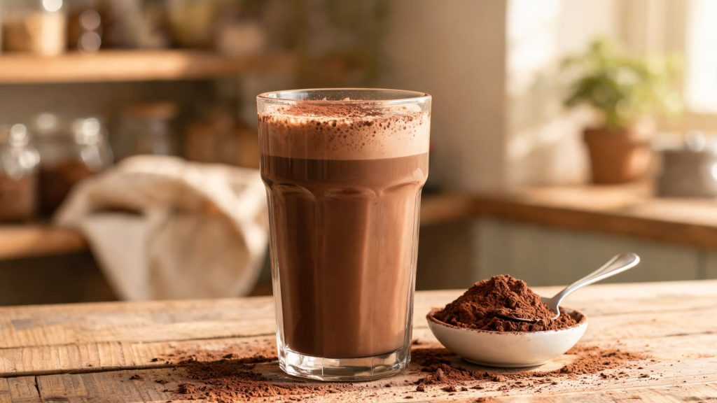 glass of rich chocolate milk topped with froth and cocoa powder on rustic wooden table in warm kitchen lighting