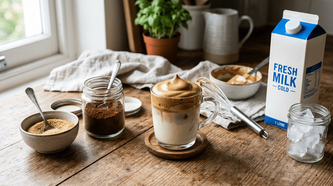 glass of whipped iced coffee on a wooden table with coffee sugar milk ice and whisk beside a bowl of whipped mixture