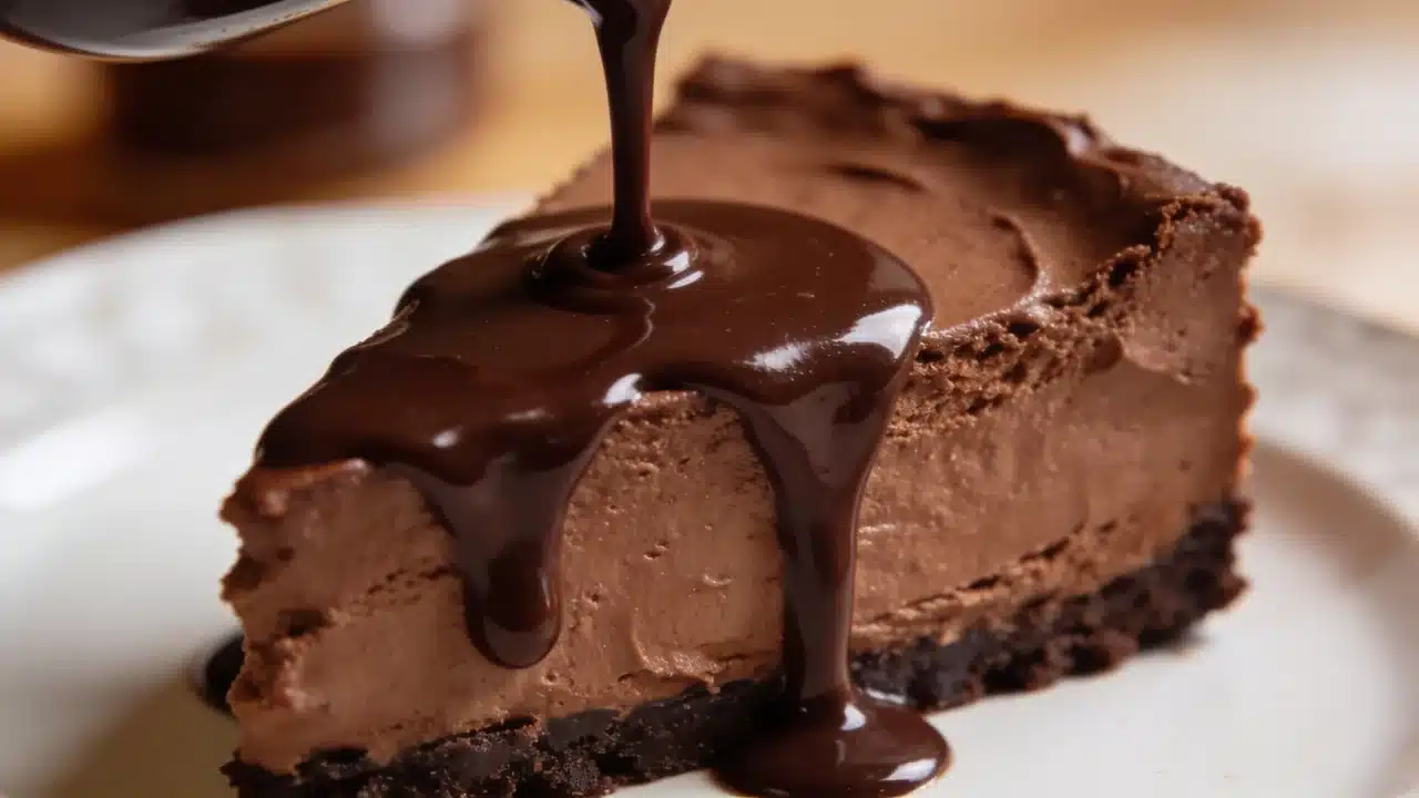 glossy ganache poured over chocolate mousse cheesecake