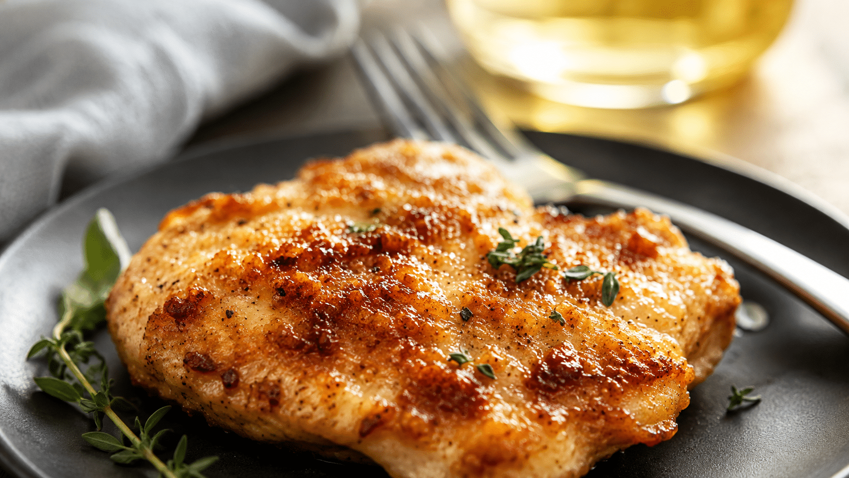 golden pan seared chicken breast garnished with fresh herbs served on a dark plate with a fork and glass in the background