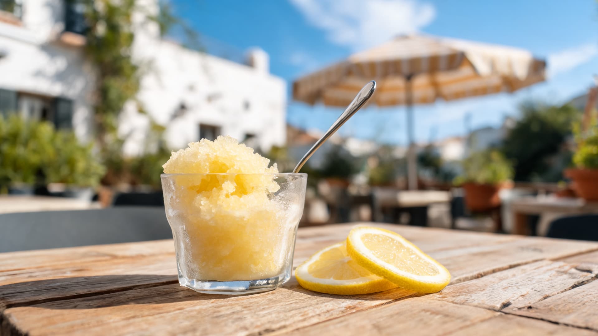 granita lemon granita with icy crystals lemon slices refreshing mediterranean outdoor cafe sunlight scene