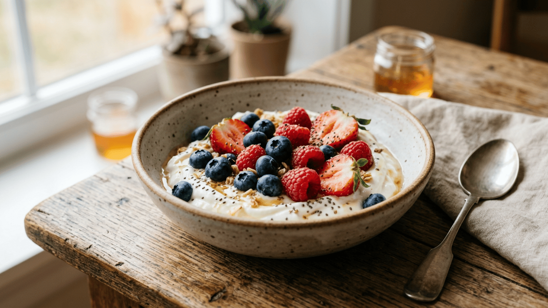 greek yogurt with fresh berries served in a bowl as a balanced pre or post workout snack