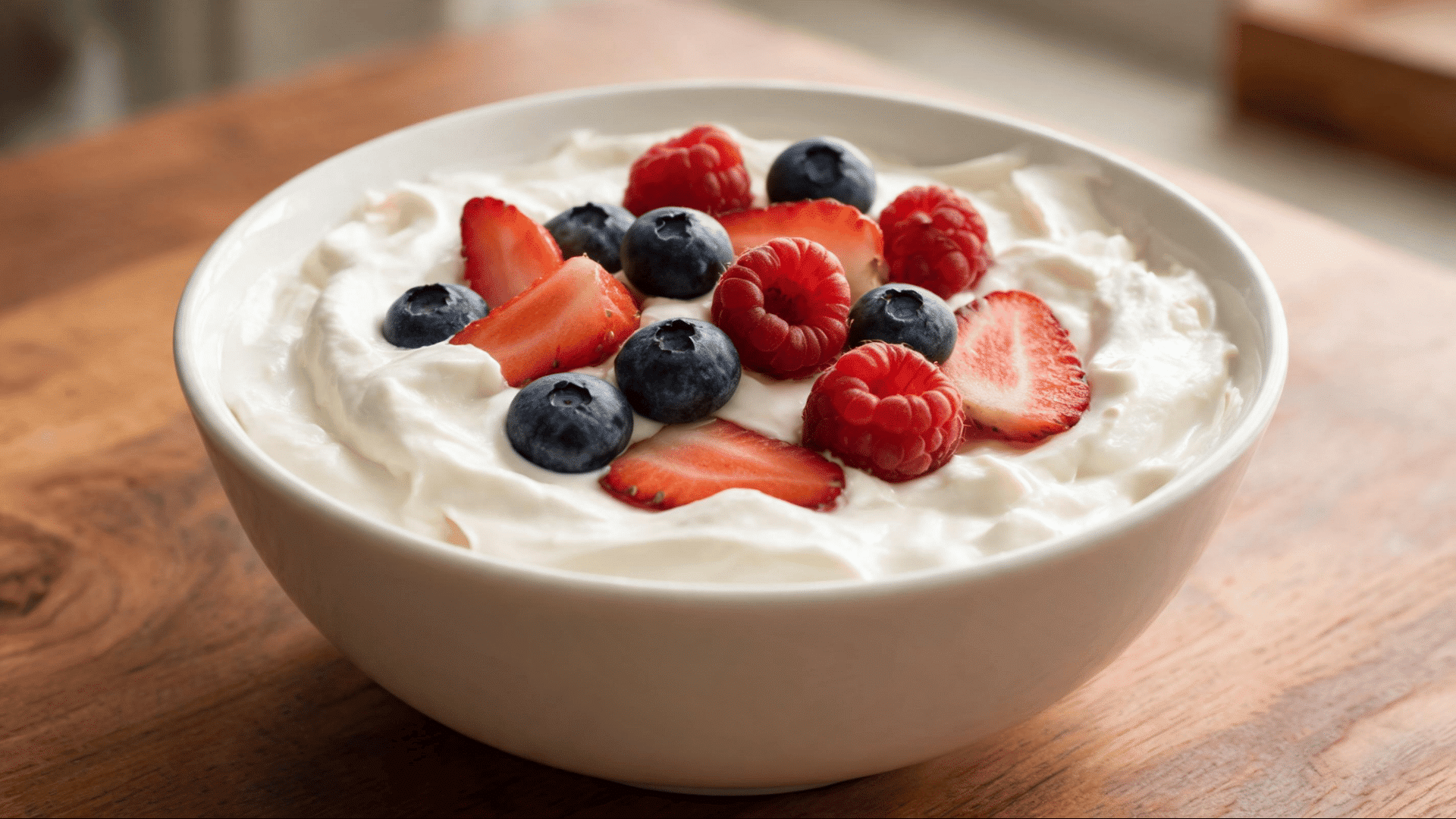 greek yogurt topped with fresh strawberries blueberries and raspberries in a white bowl on a wooden table