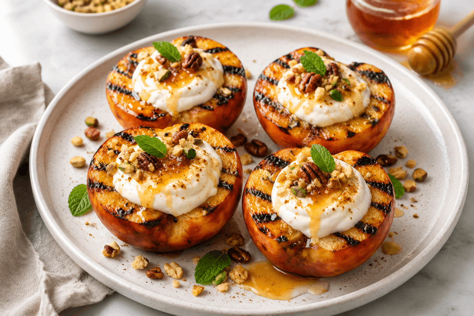 grilled peach halves topped with creamy yogurt honey chopped nuts and fresh mint on a ceramic serving plate