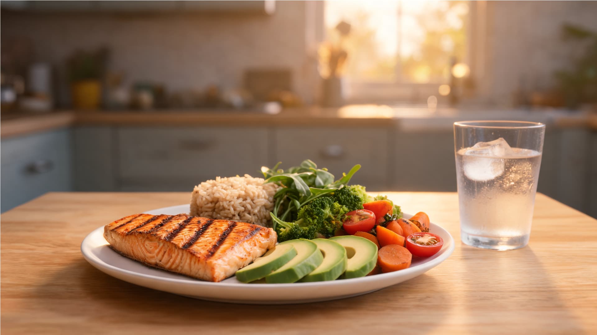 grilled salmon balanced healthy meal with brown rice vegetables avocado and water glass on wooden kitchen table warm morning light
