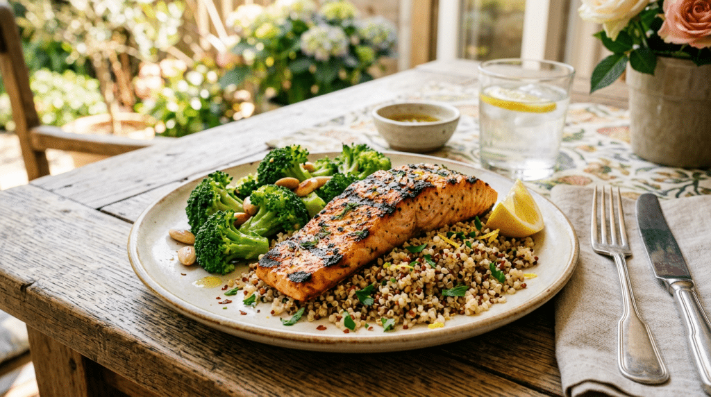 grilled salmon with broccoli and quinoa served on a plate beside a glass of water on a wooden table