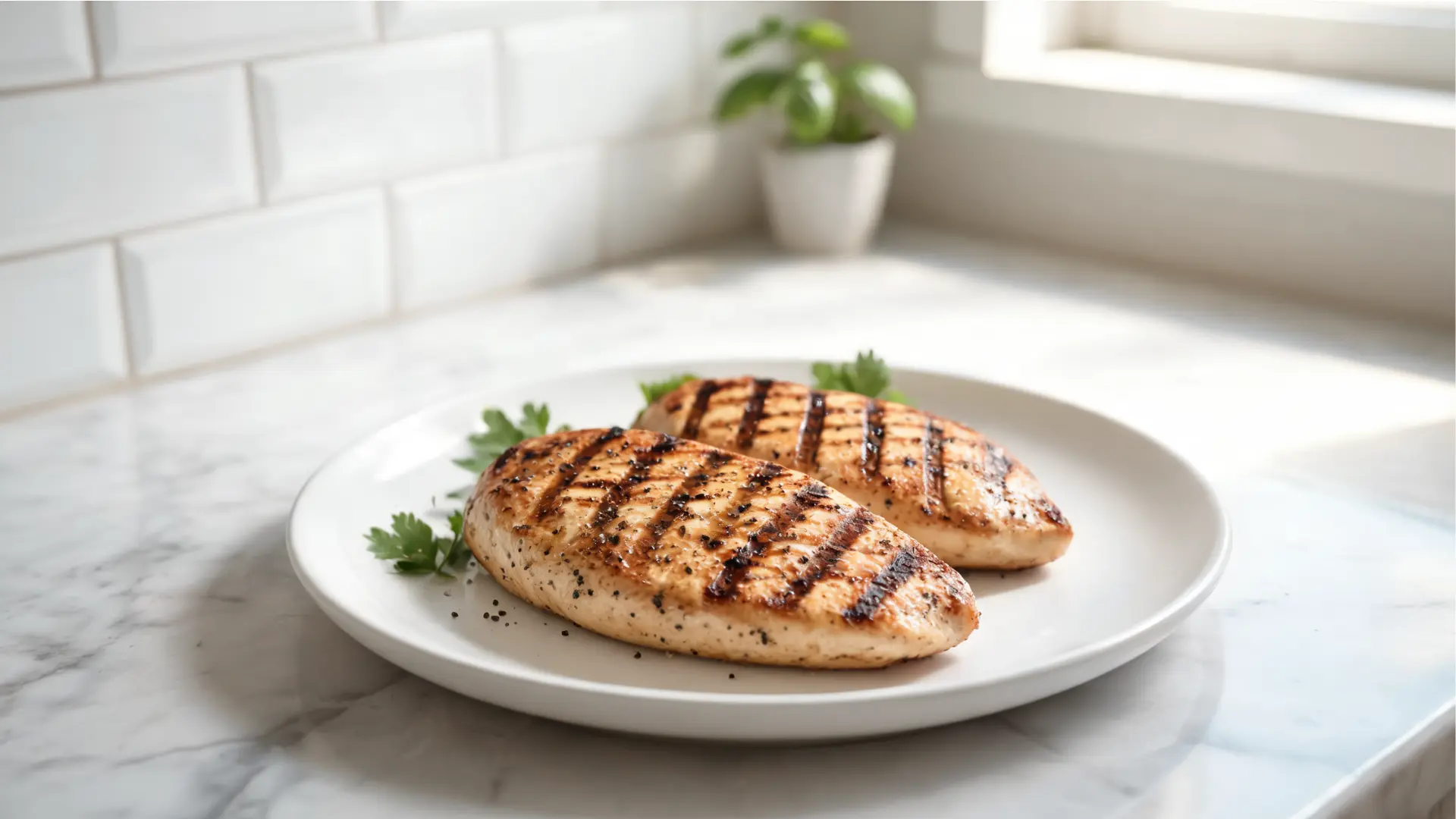 grilled chicken breast on a white plate with light seasoning in a clean kitchen setting