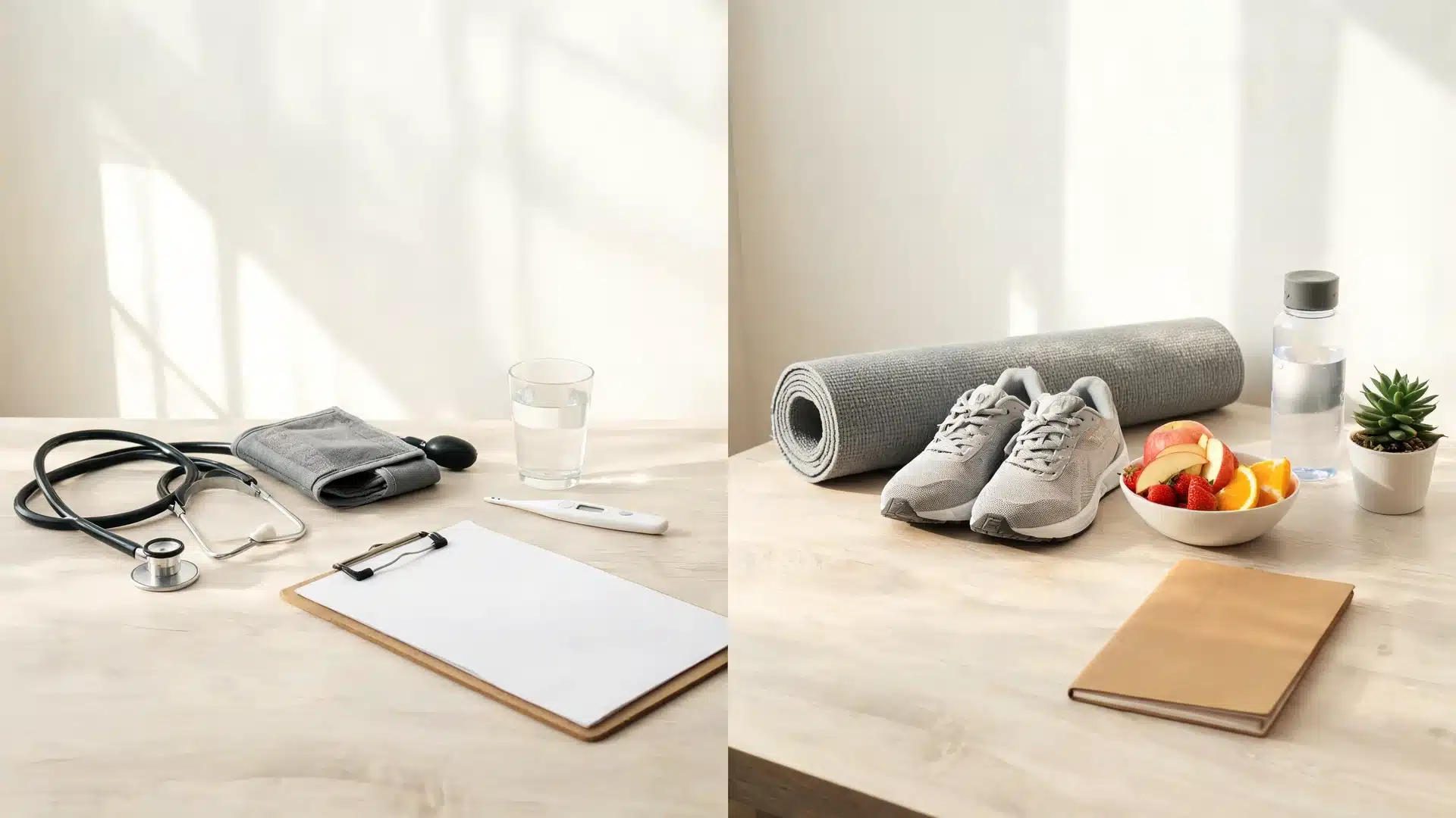 health and wellness comparison with medical checkup items and balanced lifestyle habits on a clean table