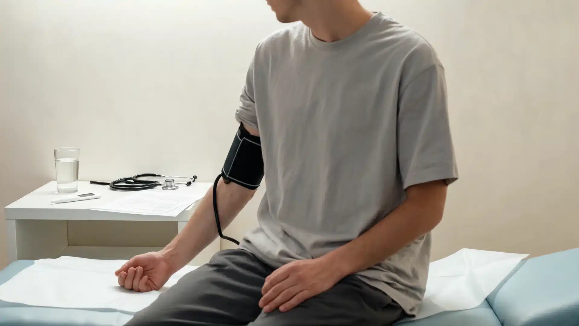 health check scene showing current condition with medical tools calm body language and quiet clinic room