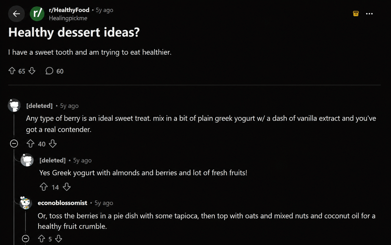 healthy dessert ideas shared by users on a dark mode discussion thread featuring fruit greek yogurt and other nutritious sweet treats