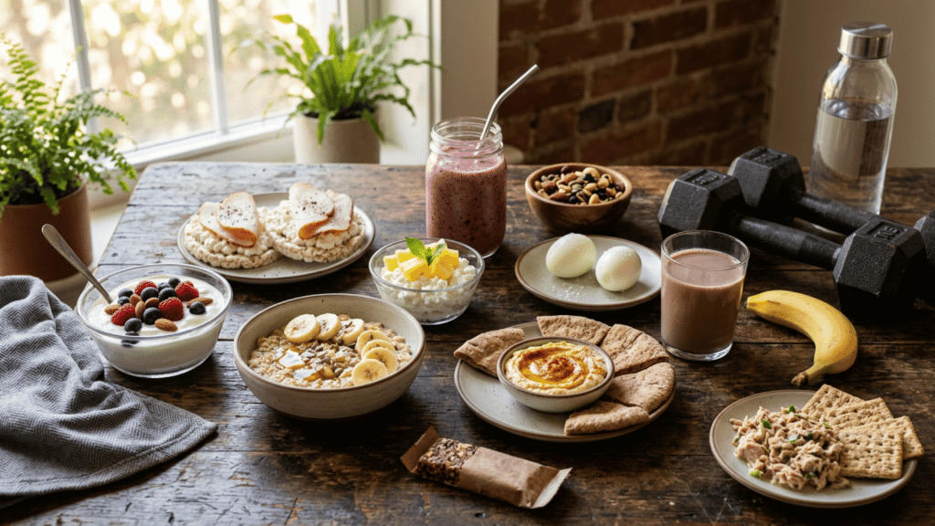 healthy pre and post workout snacks arranged beside gym equipment on a bright kitchen table
