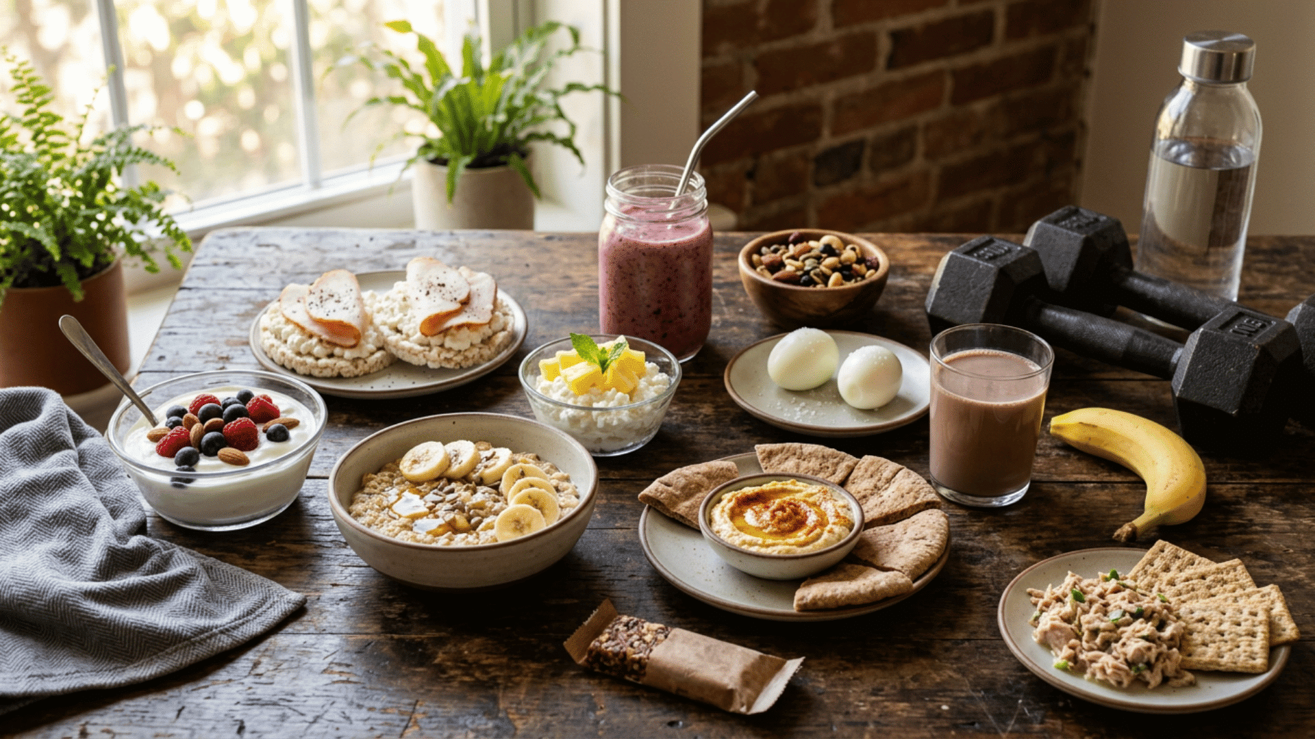 healthy pre and post workout snacks arranged beside gym equipment on a bright kitchen table