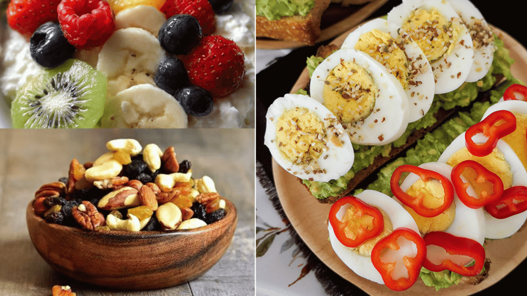 healthy snack collage featuring cottage cheese with fresh fruit mixed nuts and avocado toast topped with sliced eggs and red pepper rings